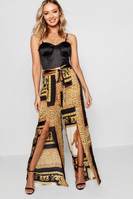 Satin Chain Scarf Print Split Front Pants