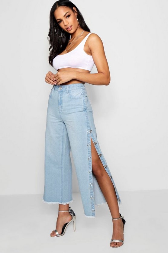 High Rise Side Popper Straight Leg Jeans