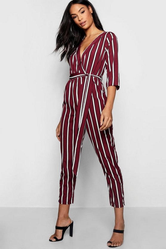 Striped Wrap Tie Belt Jumpsuit