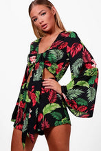 Load image into Gallery viewer, Tropical Tie Front Flare Sleeve Playsuit
