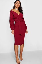 Load image into Gallery viewer, Off the Shoulder Wrap Midi Dress
