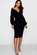 Load image into Gallery viewer, Off the Shoulder Wrap Midi Dress
