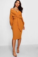 Load image into Gallery viewer, Off the Shoulder Wrap Midi Dress
