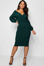 Load image into Gallery viewer, Off the Shoulder Wrap Midi Dress

