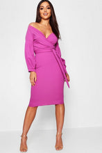 Load image into Gallery viewer, Off the Shoulder Wrap Midi Dress
