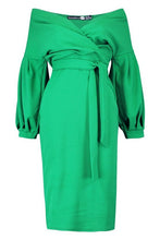Load image into Gallery viewer, Off the Shoulder Wrap Midi Dress

