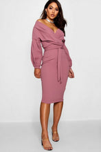 Load image into Gallery viewer, Off the Shoulder Wrap Midi Dress
