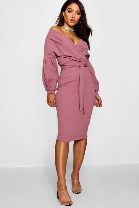 Off the Shoulder Wrap Midi Dress