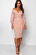 Load image into Gallery viewer, Off the Shoulder Wrap Midi Dress
