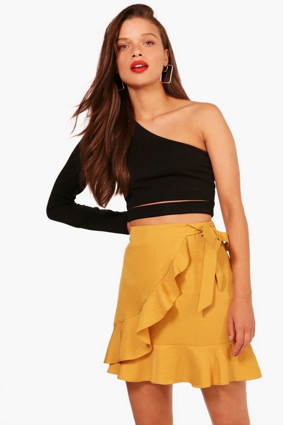 Ruffle Front Tie Waist Woven Mini Skirt