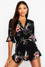 Load image into Gallery viewer, Wrap Floral Ruffle Hem Romper
