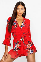 Load image into Gallery viewer, Wrap Floral Ruffle Hem Romper

