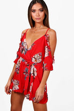 Load image into Gallery viewer, Floral Open Shoulder Ruffle Playsuit

