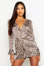 Load image into Gallery viewer, Satin Leopard Print Wrap Romper
