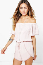 Load image into Gallery viewer, Crochet Trim Off The Shoulder Romper
