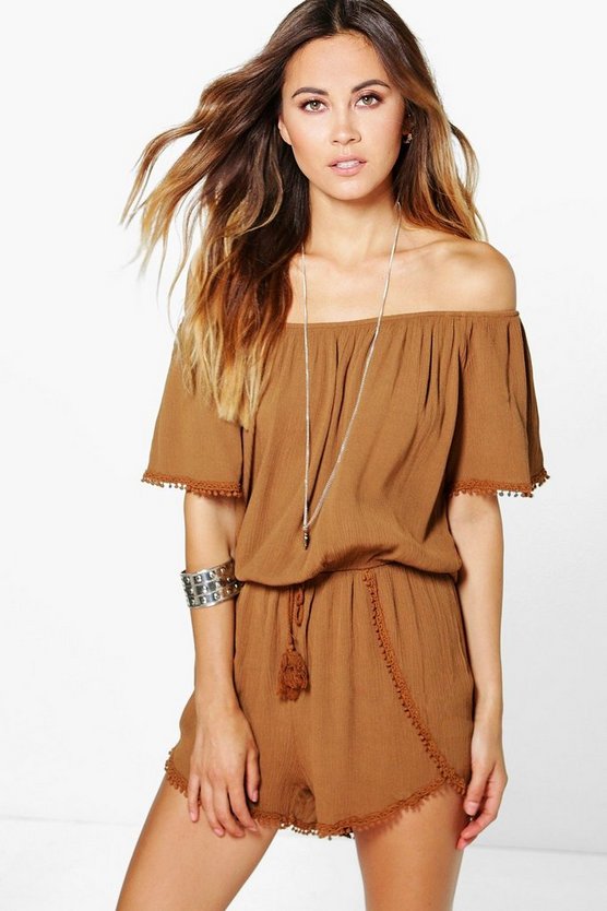 Crochet Trim Off The Shoulder Romper