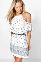 Load image into Gallery viewer, Cold Shoulder Border Print Swing Romper
