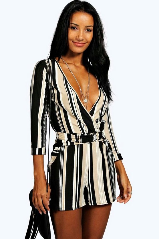 Striped Relaxed Self Belt Romper