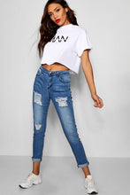 Load image into Gallery viewer, Mid Rise Distressed Thigh Skinny Jeans
