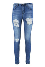 Load image into Gallery viewer, Mid Rise Distressed Thigh Skinny Jeans

