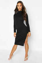 Load image into Gallery viewer, Jumbo Rib High Neck Split Midi Dress
