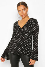 Load image into Gallery viewer, Woven Polka Dot Wrap Over Ruffle Blouse
