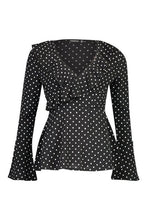 Load image into Gallery viewer, Woven Polka Dot Wrap Over Ruffle Blouse
