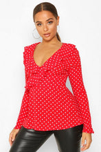 Load image into Gallery viewer, Woven Polka Dot Wrap Over Ruffle Blouse
