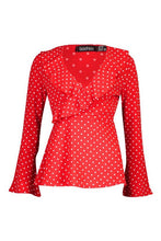 Load image into Gallery viewer, Woven Polka Dot Wrap Over Ruffle Blouse

