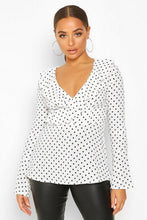 Load image into Gallery viewer, Woven Polka Dot Wrap Over Ruffle Blouse
