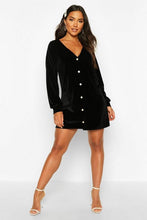 Load image into Gallery viewer, Balloon Sleeve Pearl Button Shift Dress

