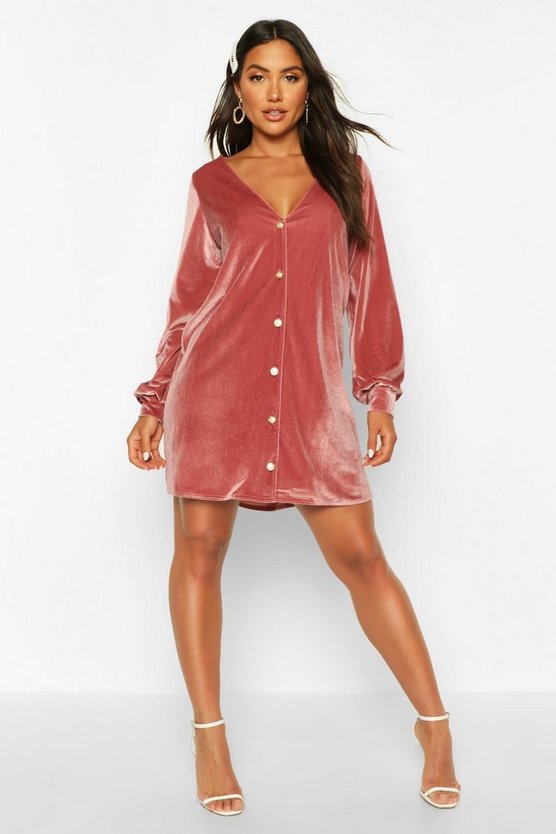 Balloon Sleeve Pearl Button Shift Dress