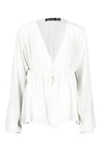 Load image into Gallery viewer, Woven Crepe Drawstring Plunge Blouse
