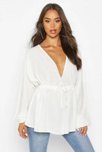 Load image into Gallery viewer, Woven Crepe Drawstring Plunge Blouse
