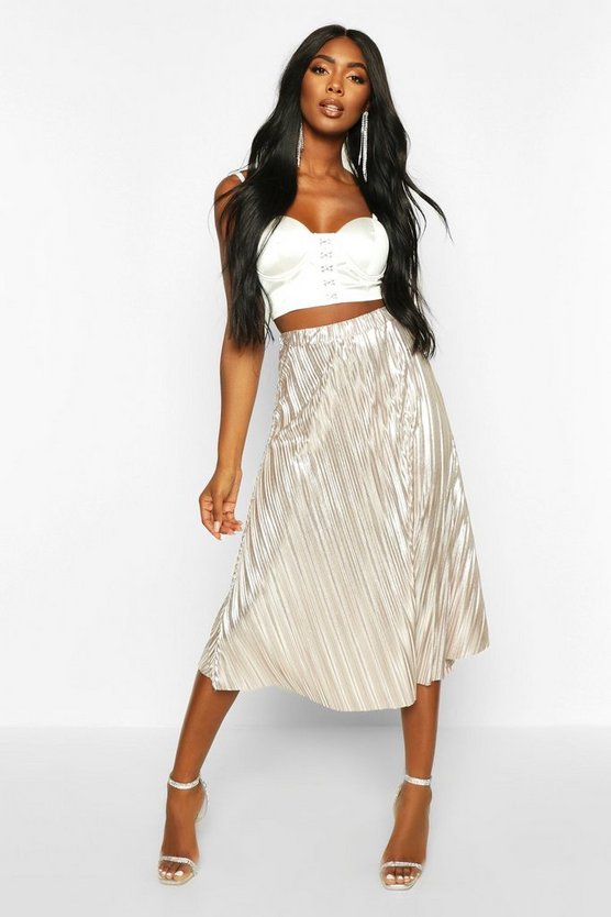 Metallic Pleated Midi Skirt