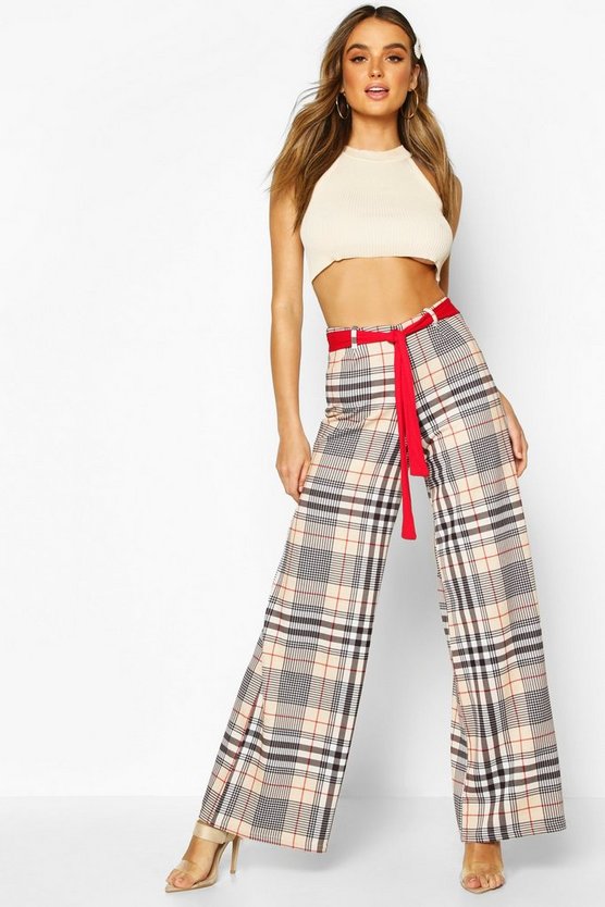 Wide Leg Check Trouser With Sash Belt