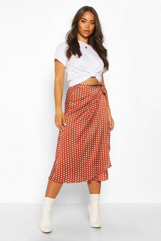Polka Dot Wrap Front Midi Skirt