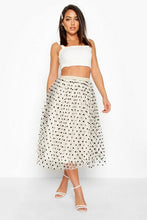 Load image into Gallery viewer, Polka Dot Flocked Tulle Midi Skirt
