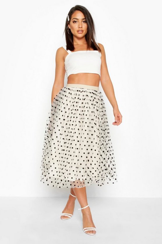 Polka Dot Flocked Tulle Midi Skirt