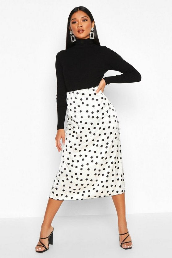 Jacquard Satin Polka Dot Slip Midi Skirt