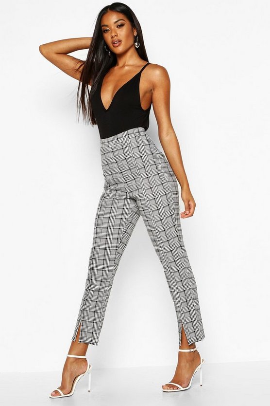 Split Front Dogtooth Check Skinny Trousers