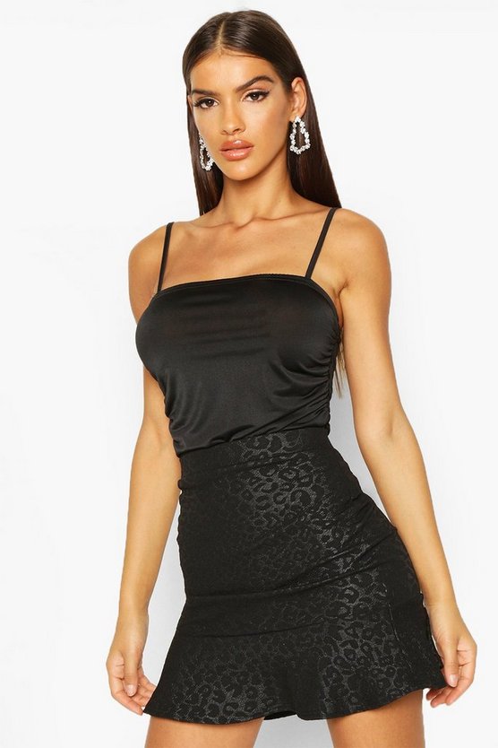 Leopard Print Coated Frill Hem Mini Skirt