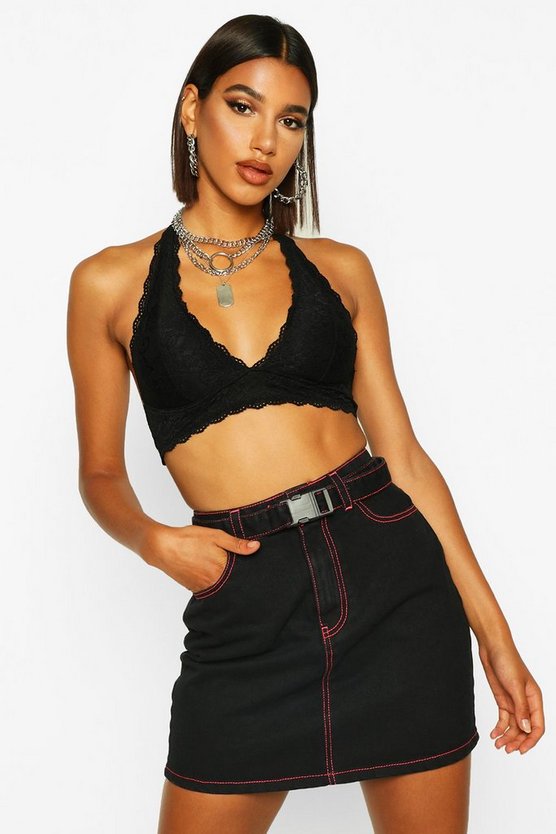 Contrast Stitch Belted Denim Skirt