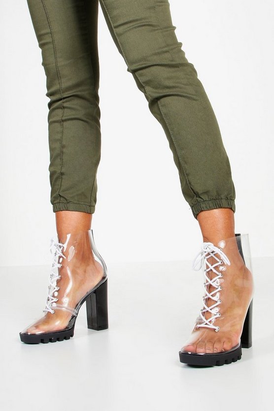 Clear Lace Up Block Heel Hiker Boots