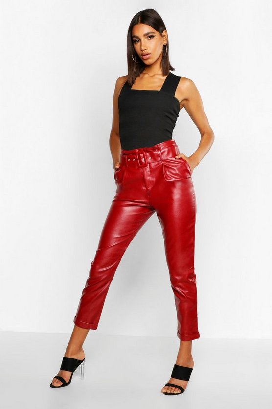 Leather Look Belted Tapered Trouser