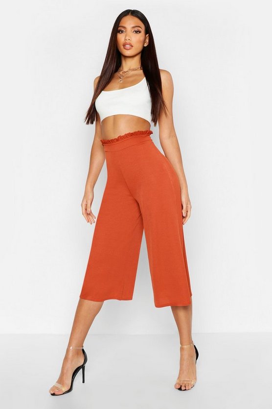 Ribbed Ruffle Waist Slouchy Culottes