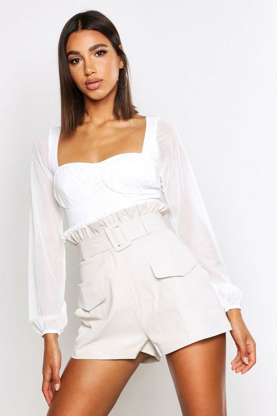 Contrast Stitch Belted Paperbag Waist Short
