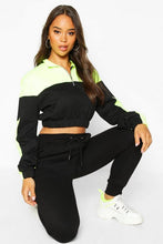 Load image into Gallery viewer, Neon Colour Block Crop High Neck Sweatshirt
