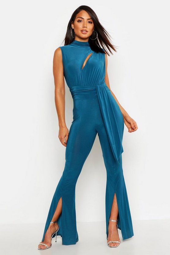 Slinky Cut Out Flare Leg Ruched Jumpsuit
