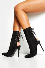 Load image into Gallery viewer, Lace Up Pointed Toe Stiletto Heel Sock Boots
